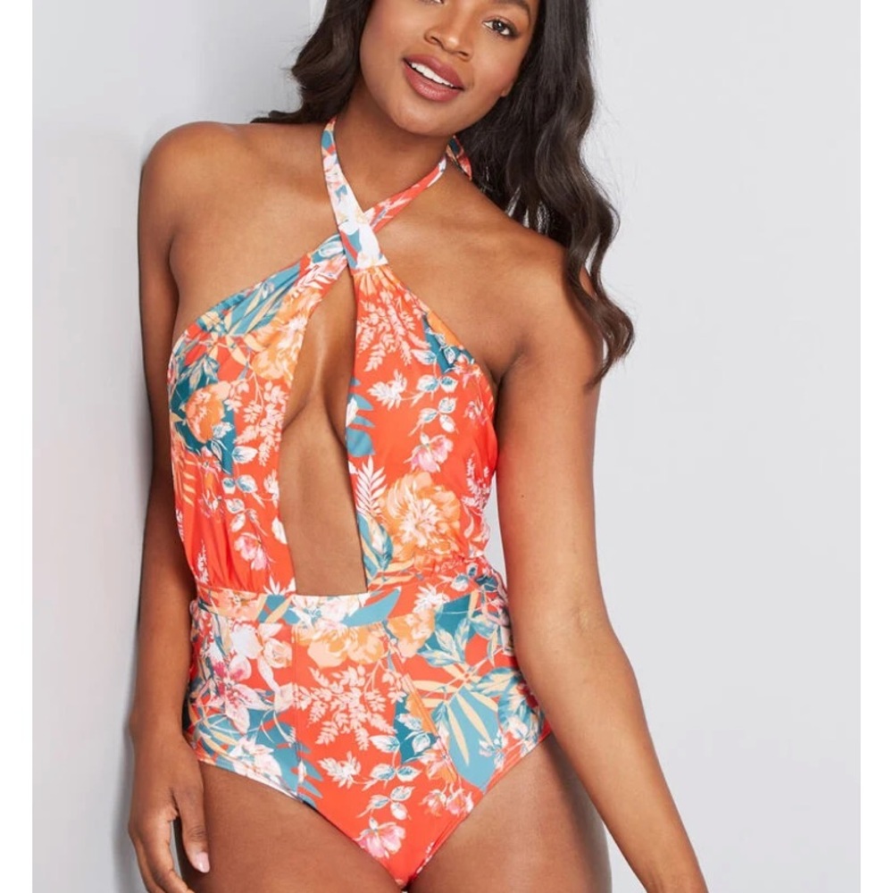 NWT Modcloth Tropical Floral Plunge Swimsuit